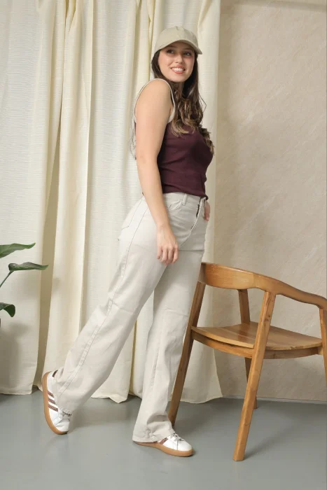 Wide Leg Beige con Bolsillo Delantero