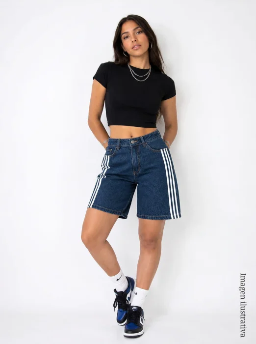 Bermuda Deportiva Jean Dama Pantalón Corto Ancho Mom Rayas Líneas Denim Mayoristas