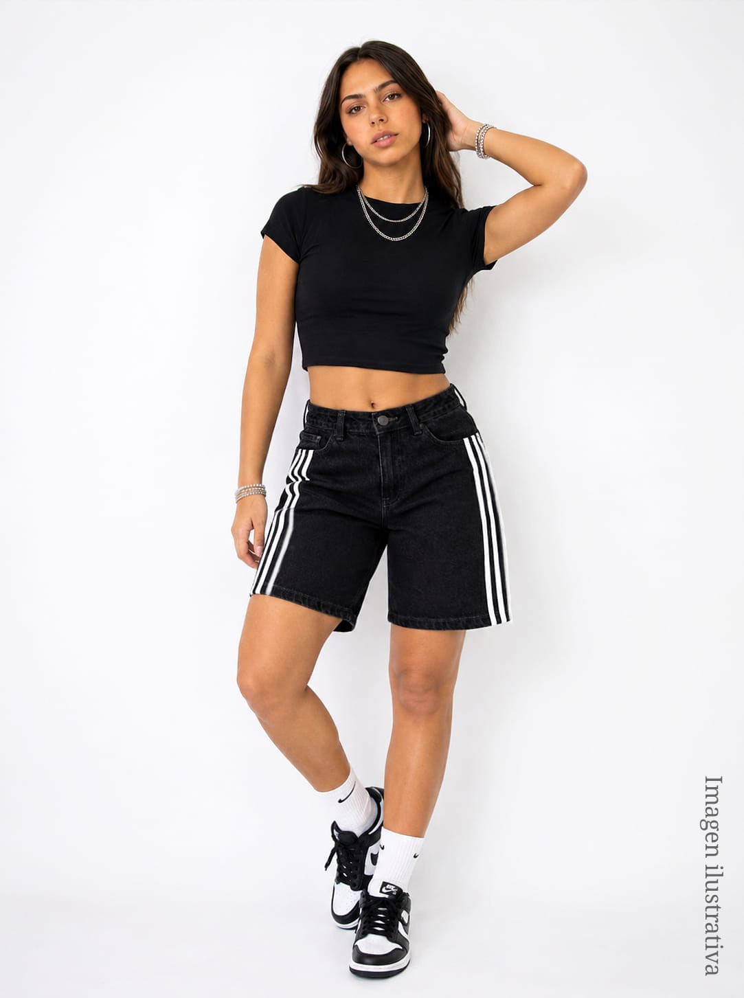 Bermuda Deportiva Jean Dama Pantalón Corto Ancho Mom Rayas Líneas Denim Mayoristas - Imagen 3