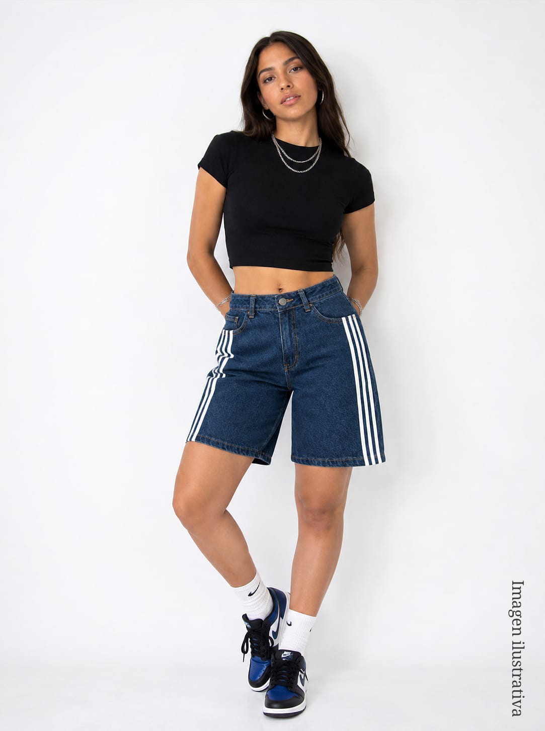 Bermuda Jean Mom Rayas Dama Pantalón Corto Ancho Denim Baggy Moda Mayoristas Hotsale - Imagen 2