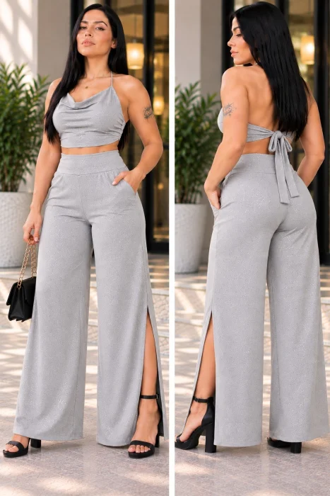 Pantalón Palazo con Tajo de Scuba Crepe con Brillo