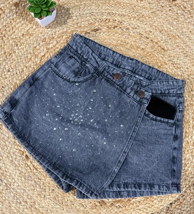 Short Pollera Cruzado y Rigido Gris con Brillos y Bolsillos
