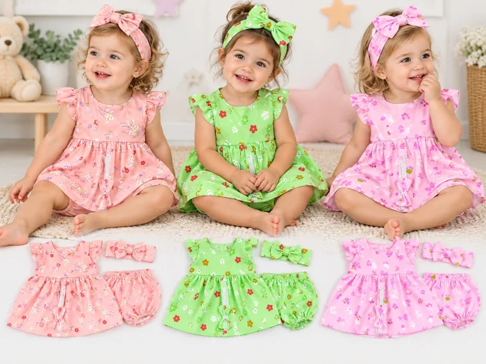 Conjunto 3 Piezas Linon Estampado (vestido, Bombachon y Vincha) Os Babies