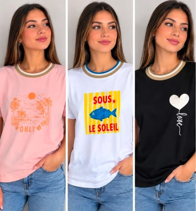 Remeras Algodón Peinado con Cuello Rep Tejido Tricolor