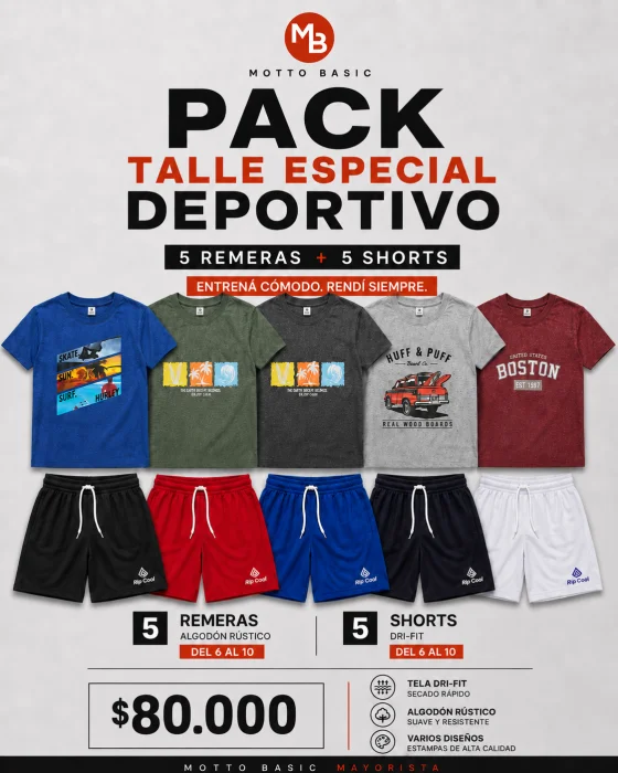 Pack Deportivo Talle Especial  5 Remera & 5 Shorts