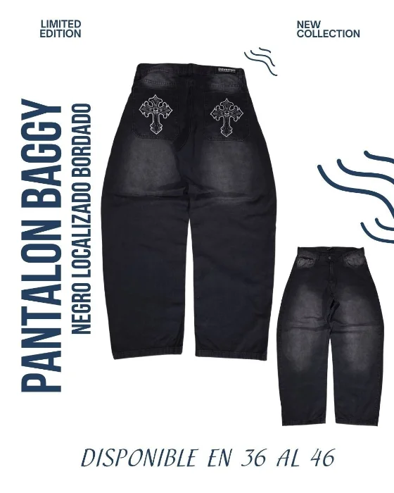 Pantalón Baggy Negro con Bordado