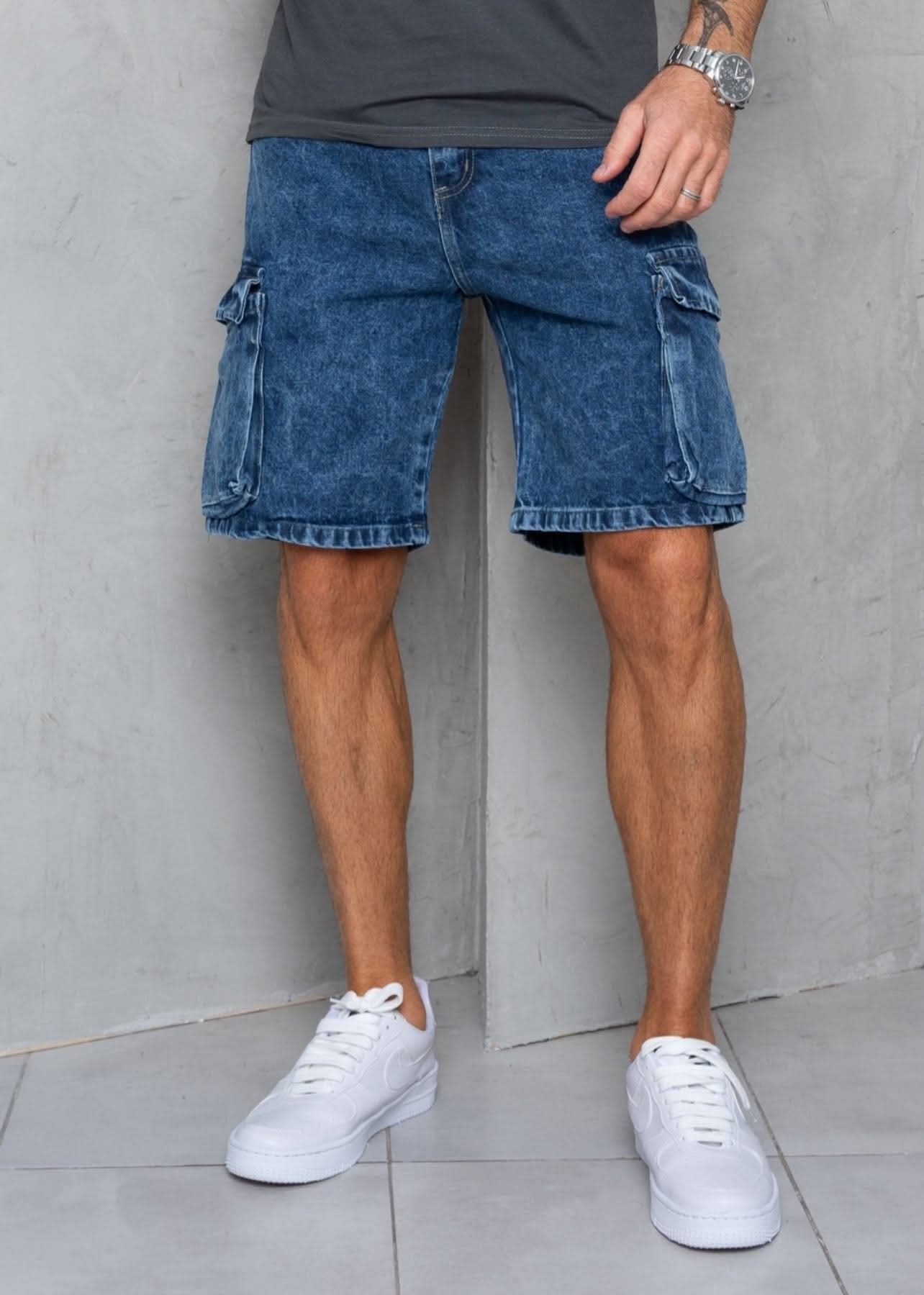 Bermudas Jeans Mom Cargo con Fuelle Azul Nevado - Imagen 2