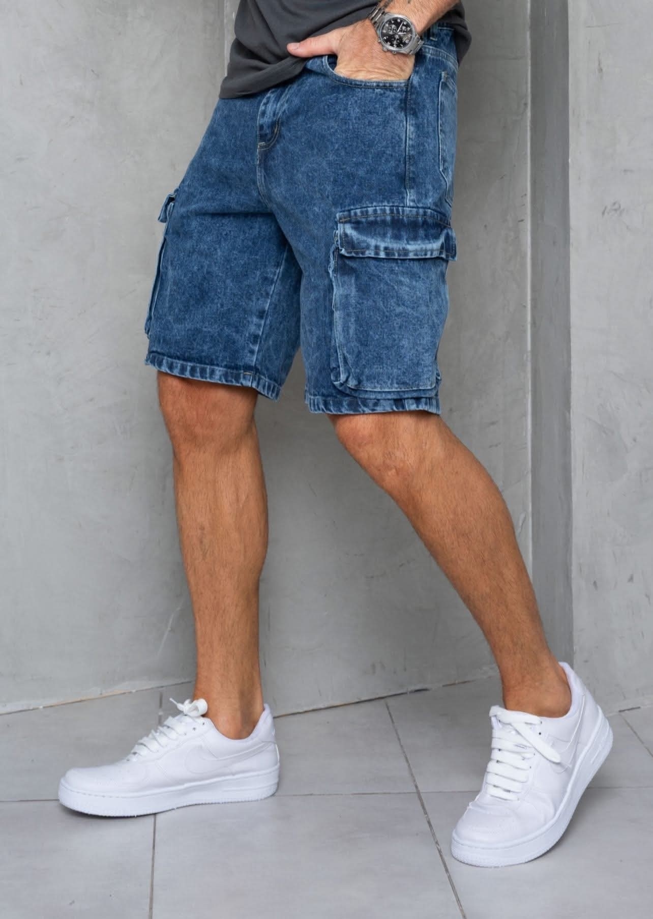 Bermudas Jeans Mom Cargo con Fuelle Azul Nevado - Imagen 3