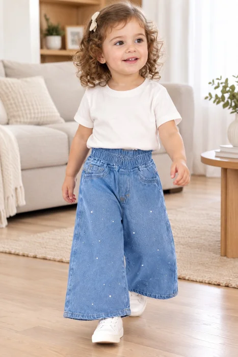 Pantalón Maxi Palazo de Jeans Rígido con Elástico en la Cintura y Lluvia de Stras