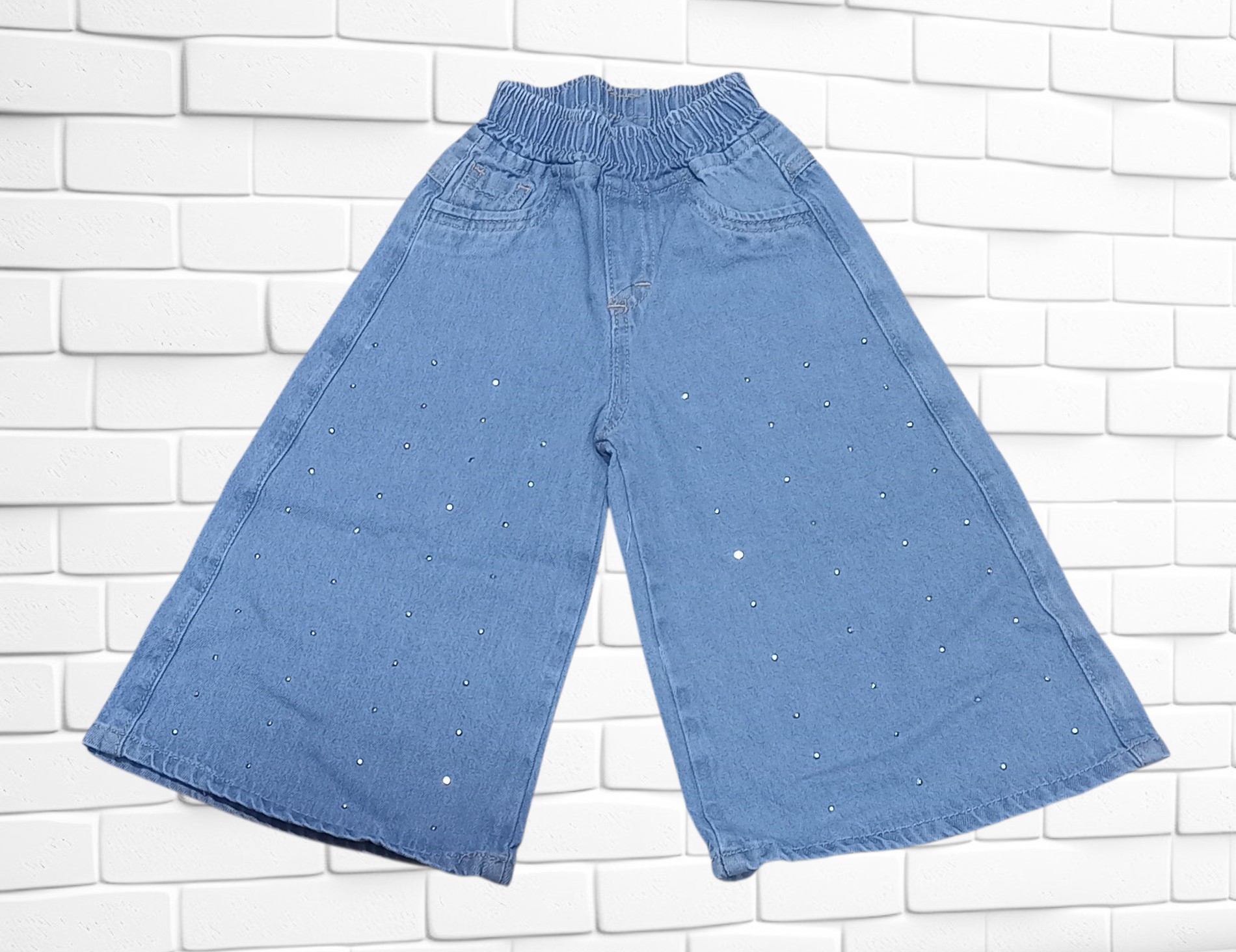 Pantalón Maxi Palazo de Jeans Rígido con Elástico en la Cintura y Lluvia de Stras - Imagen 2