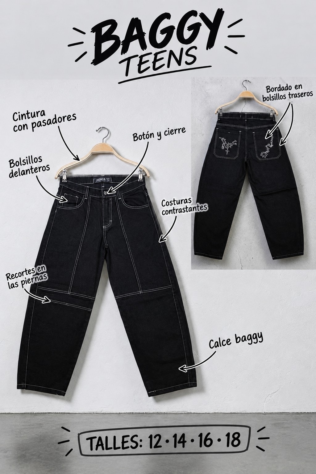 Baggy Recorte/bordado Teens - Imagen 2