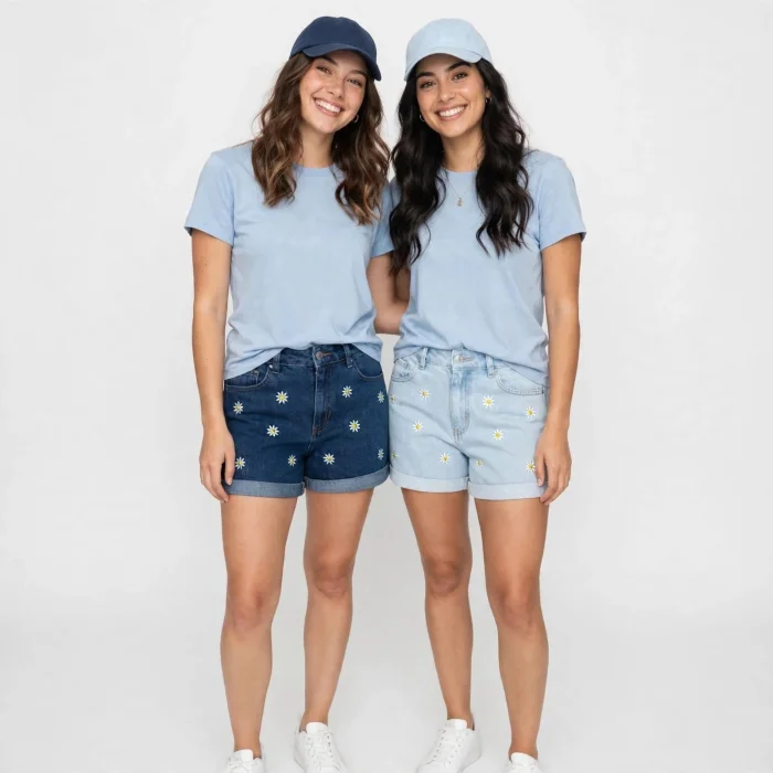 Short Jean Rígido con Flores Bordadas