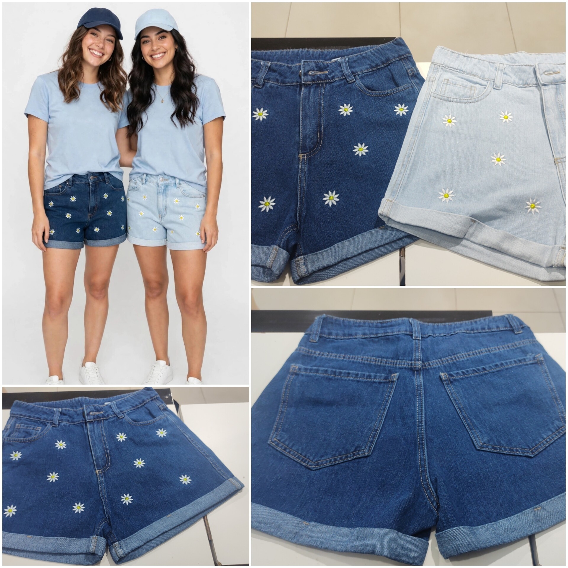 Short Jean Rígido con Flores Bordadas - Imagen 2