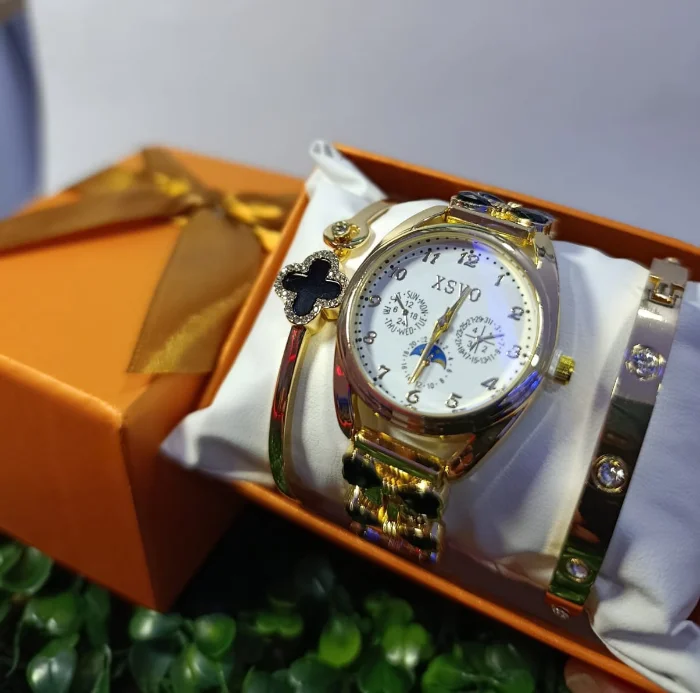 Set Reloj Dama Pulsera Cadena Aritos