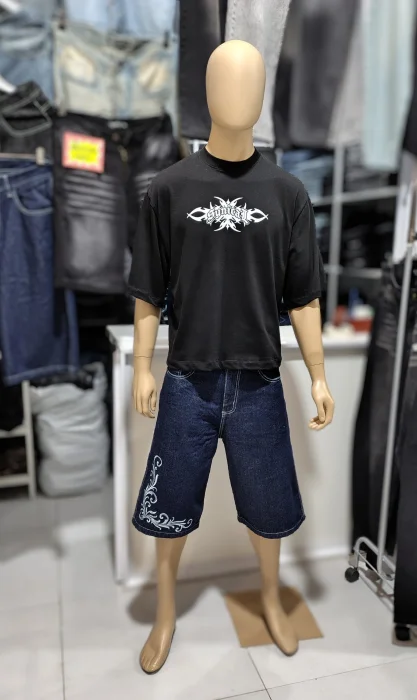 Bermuda Baggy Raw Denim Azul Bordado