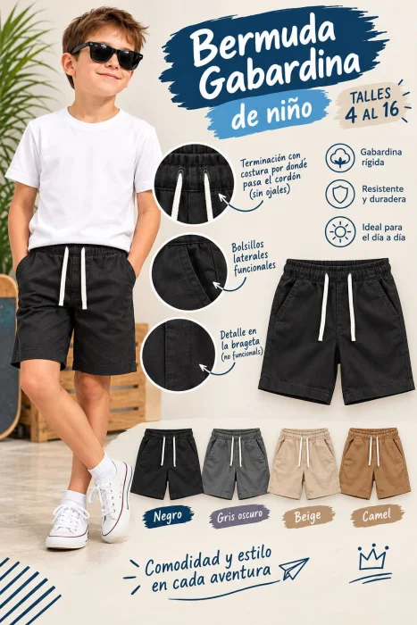 Bermuda Gabardina Común de Niño Lisos.