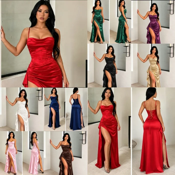 Vestido Largo con Drapeado de Satén Elastizado