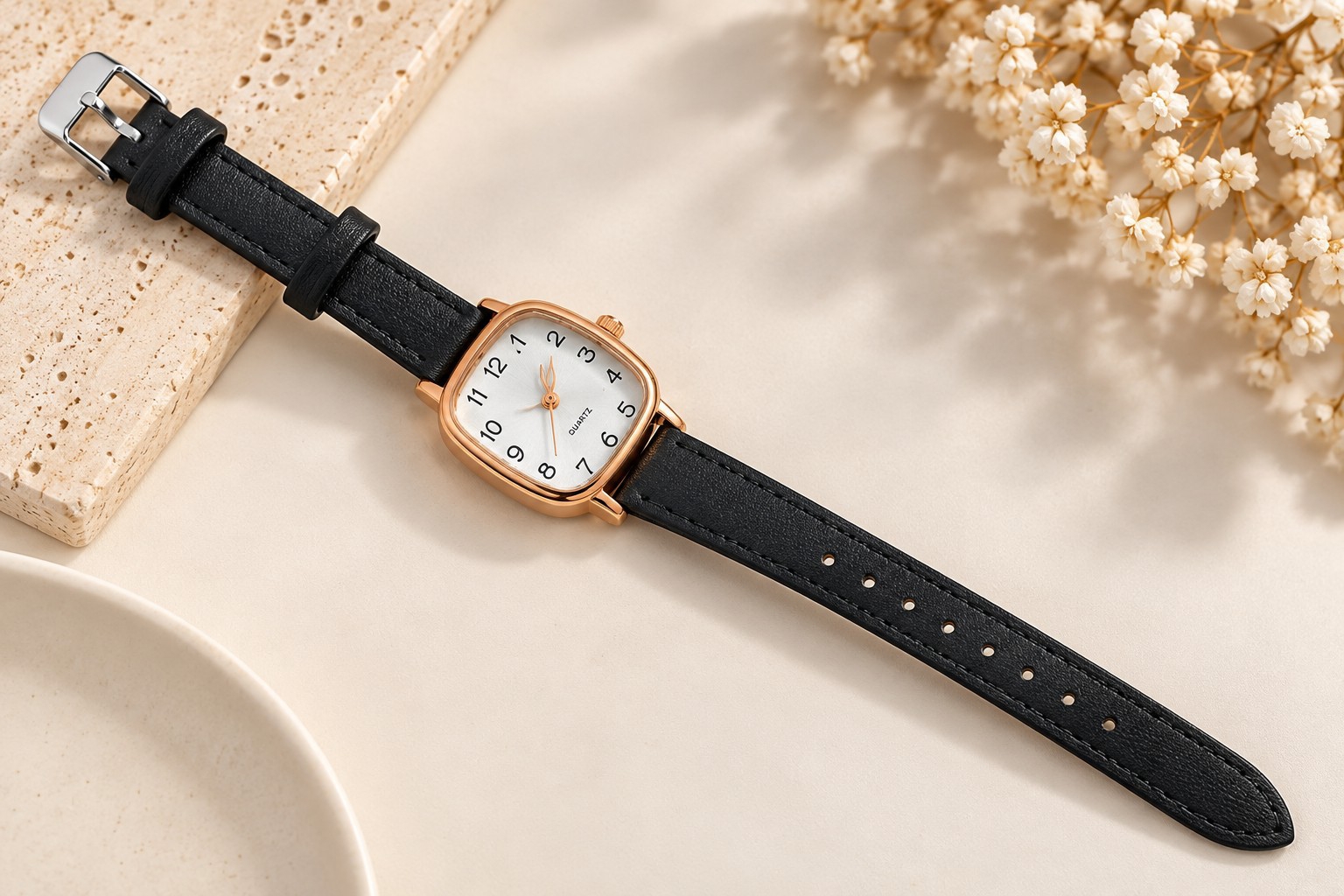Reloj de Dama Cuadrado con Bordes Dorados Malla de Ecocuero - Imagen 2
