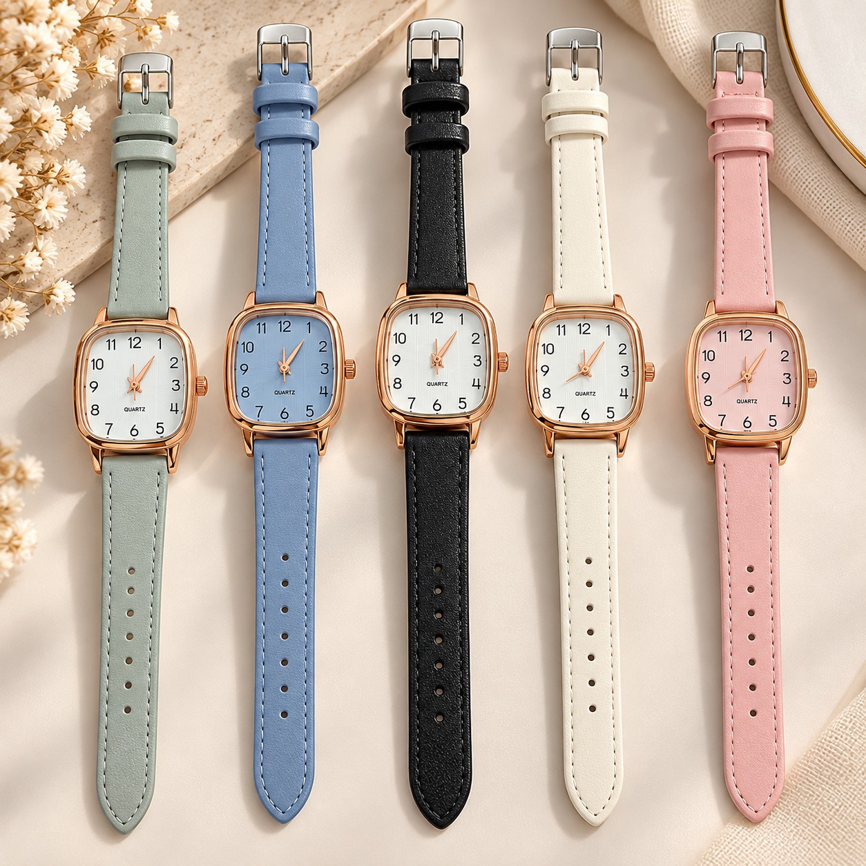 Reloj de Dama Cuadrado con Bordes Dorados Malla de Ecocuero - Imagen 3