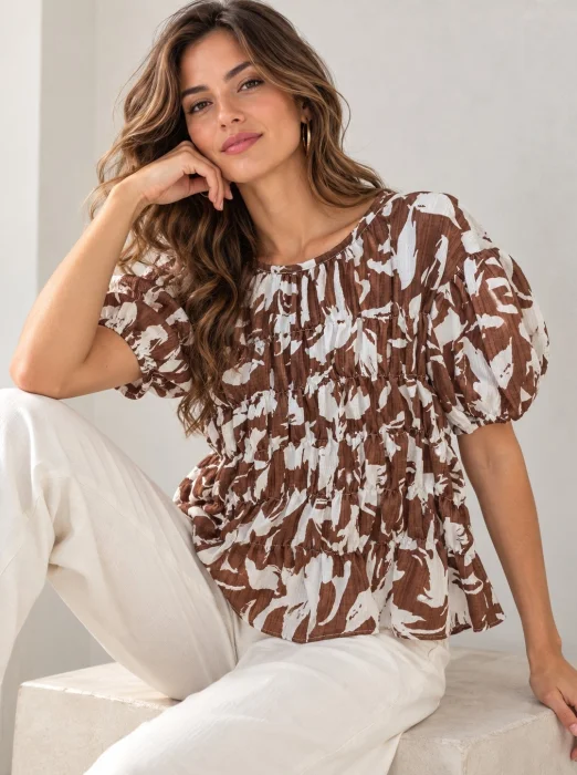 Blusa Bambula Texturada Manga Globo