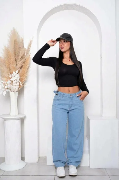 Pantalón Baggy Dama Celeste Liso con Regulador