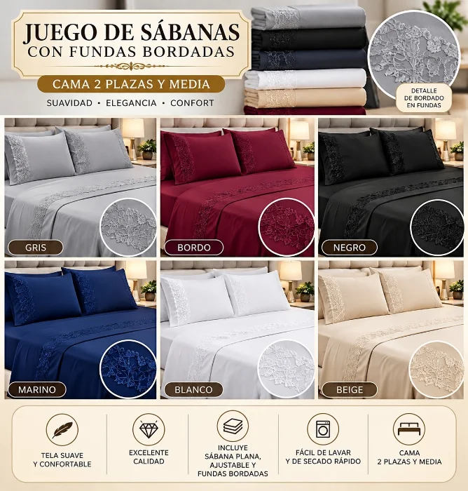 Sábanas Brodery 2 Plazas y Media