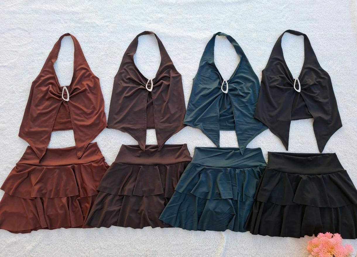 Conjunto Microfibra Lycra Mujer Verano Pollera Short Músculosa Top Remera - Imagen 1