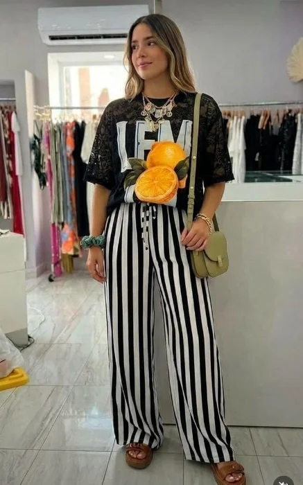 Conjuntos  Frutales Remera Encaje mas Pantalon Rayado