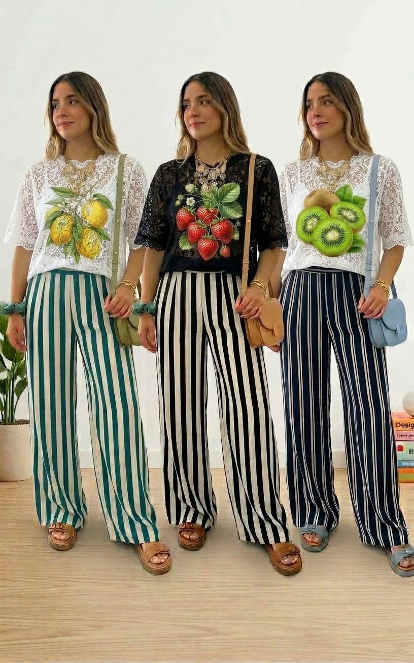 Conjuntos  Frutales Remera Encaje mas Pantalon Rayado - Imagen 2