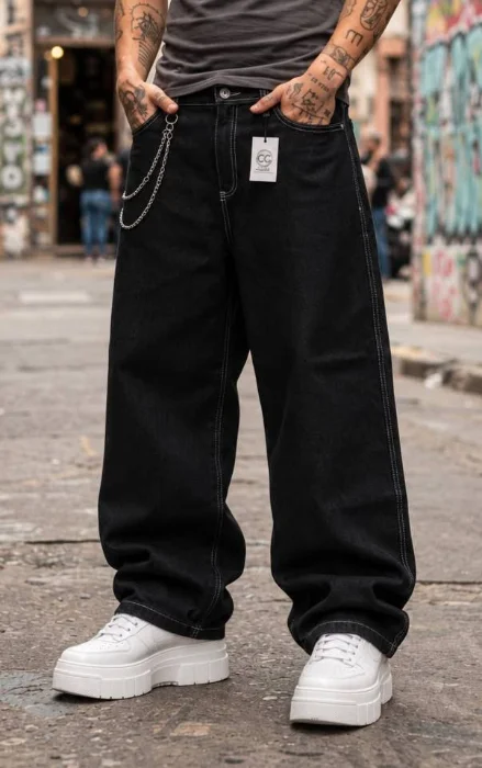 Riviera - Baggy Negro Costura Blanco con Cadena