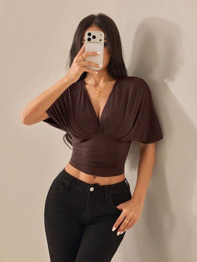 Top Mangas Anchas Microfibra Escote V Blusa Fruncido Murcielago - Imagen 2