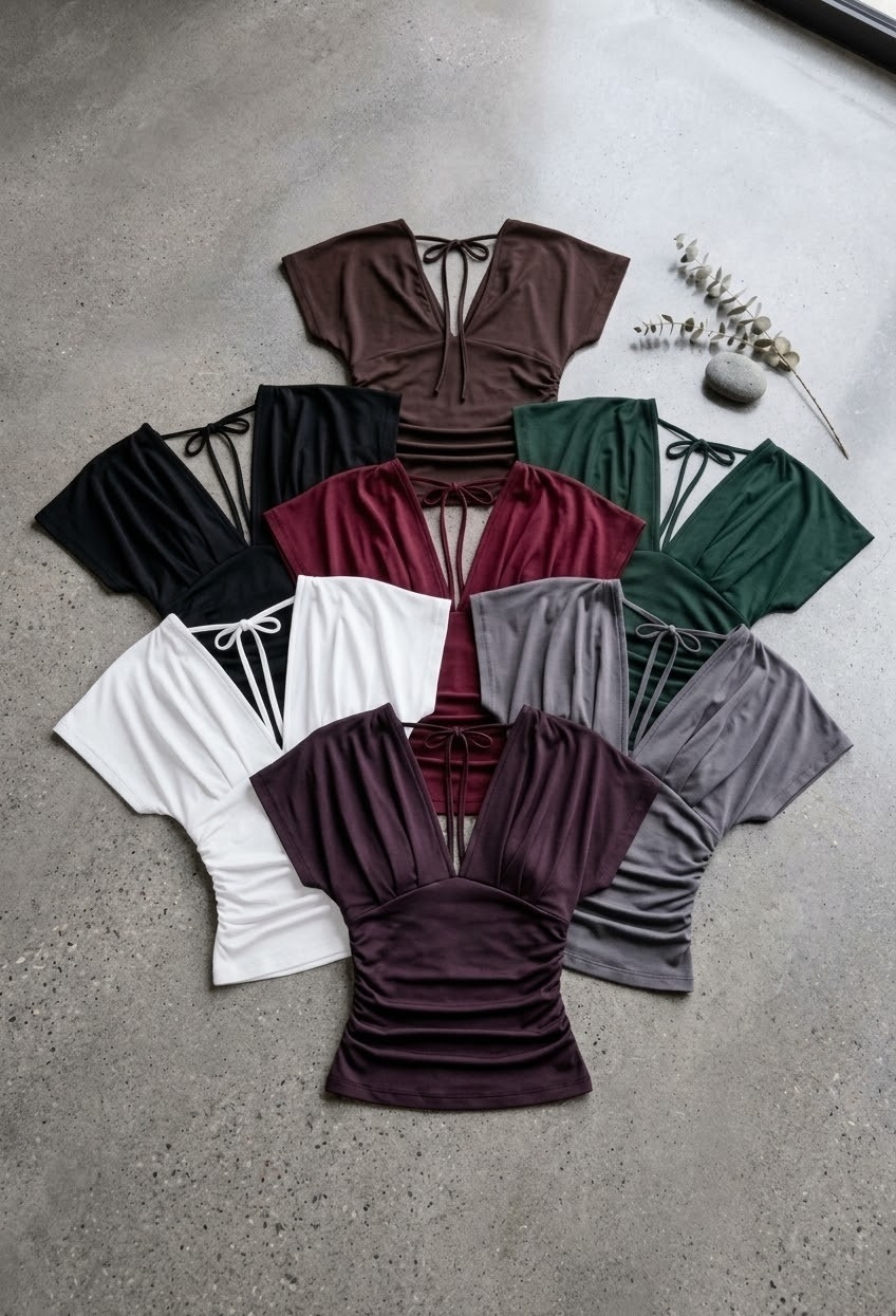 Top Mangas Anchas Microfibra Escote V Blusa Fruncido Murcielago - Imagen 3