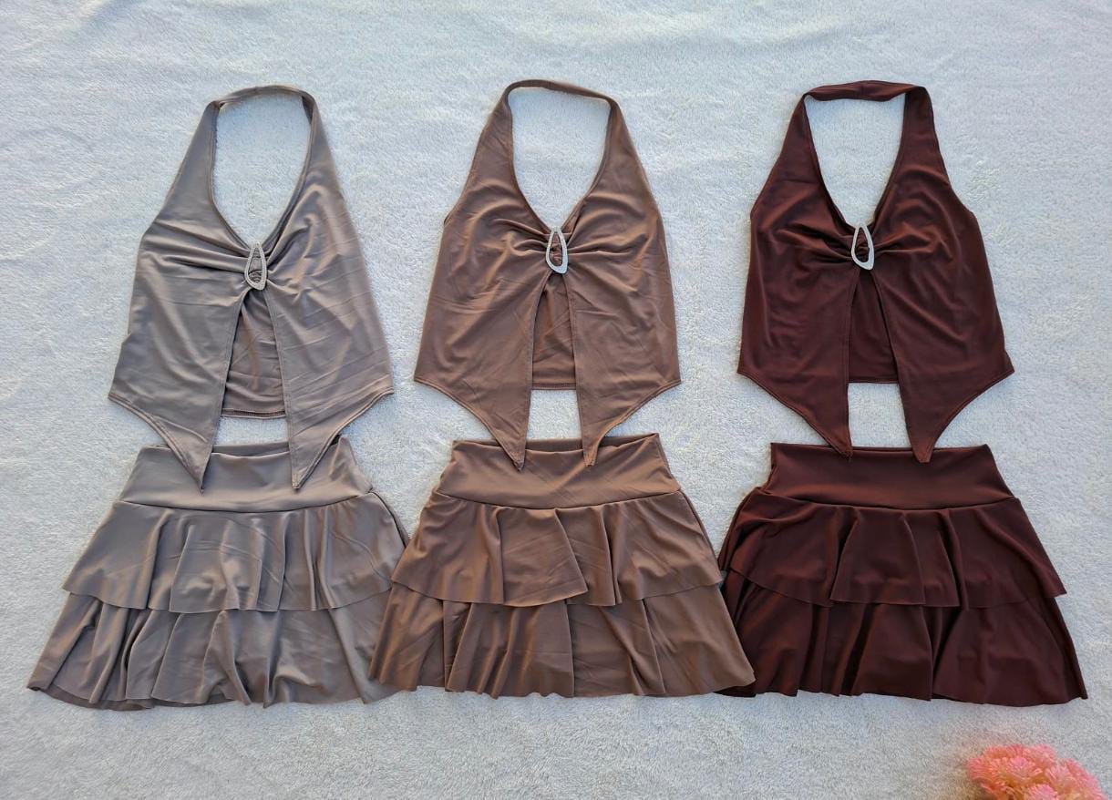 Conjunto Microfibra Lycra Mujer Verano Pollera Short Músculosa Top Remera - Imagen 3