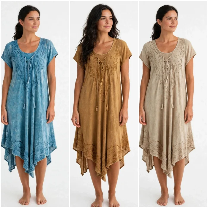 Vestido en Pico Indu Boho Bordado con Mangas