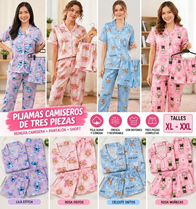 Pijamas de Dama Bsaten Algodón Camisero 3 Piezas Importado