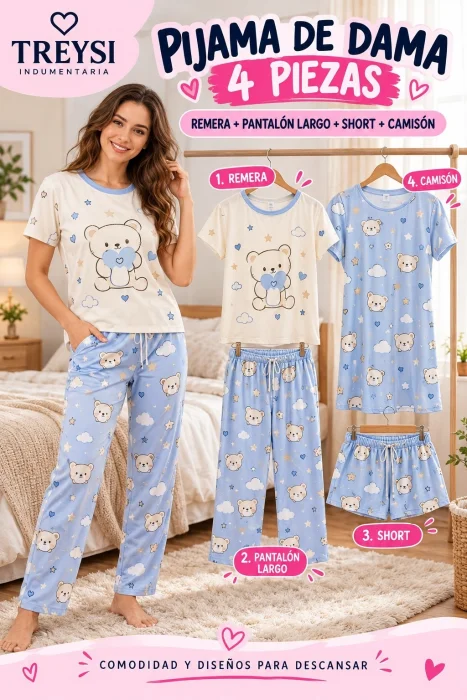 Pijamas de Dama 4 Piezas Algodón  Importado