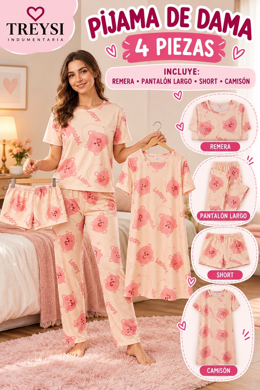 Pijamas de Dama 4 Piezas Algodón  Importado - Imagen 2