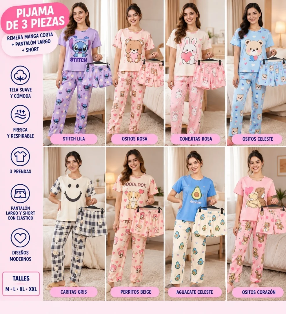 Pijamas Dé Dama 3 Piezas Algodón Importado - Imagen 1