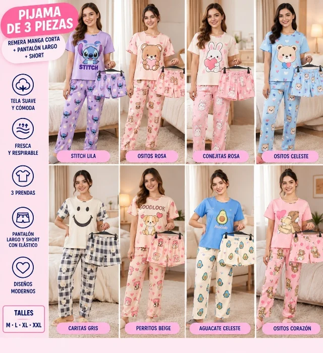 Pijamas Dé Dama  3 Piezas Algodón Importado
