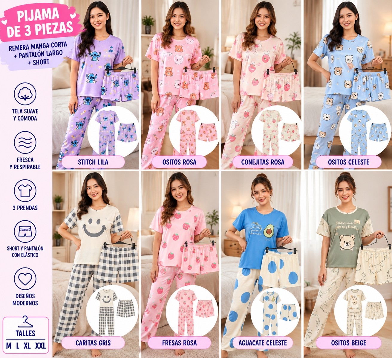 Pijamas Dé Dama  3 Piezas Algodón Importado - Imagen 2