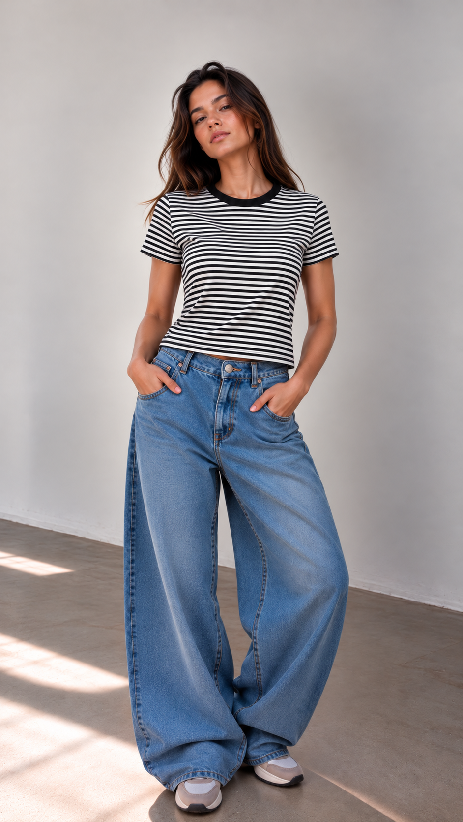 Remera Baby Tee Rayada Manga Corta 100% Algodón Peinado - Retrato%20minimalista%20con%20rayas%20y%20denim.png