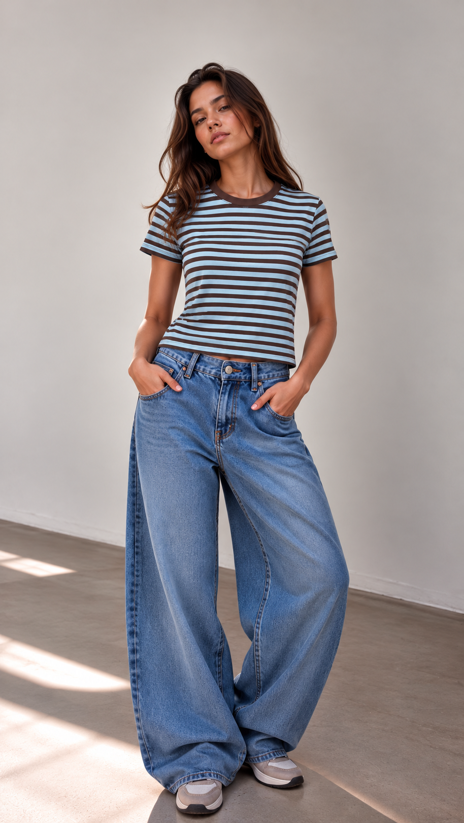 Remera Baby Tee Rayada Manga Corta 100% Algodón Peinado - Retrato%20editorial%20con%20jeans%20extragrandes.png