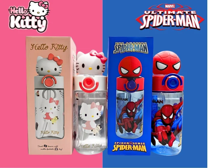 Botella Cabezon Transparente Kitty y Spiderman Importada