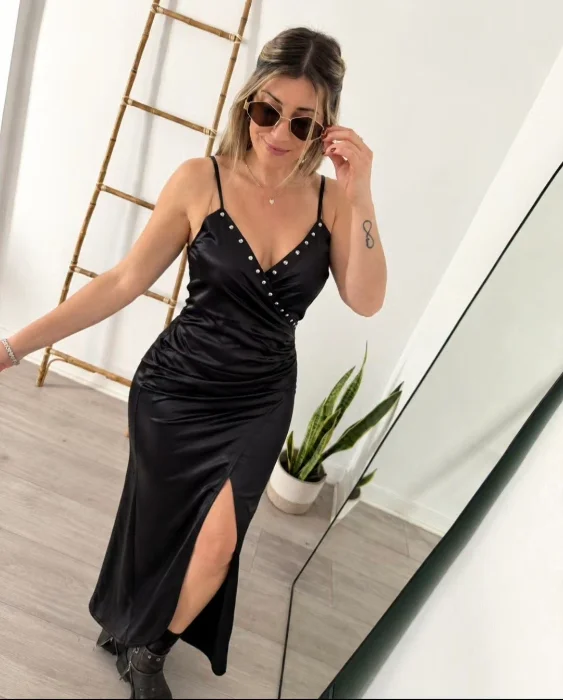 Vestido Largo Saten Tachas