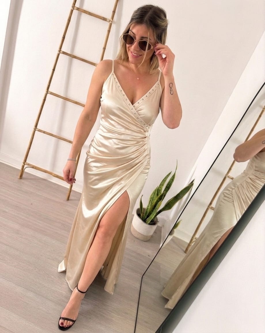 Vestido Largo Saten Tachas - Imagen 3