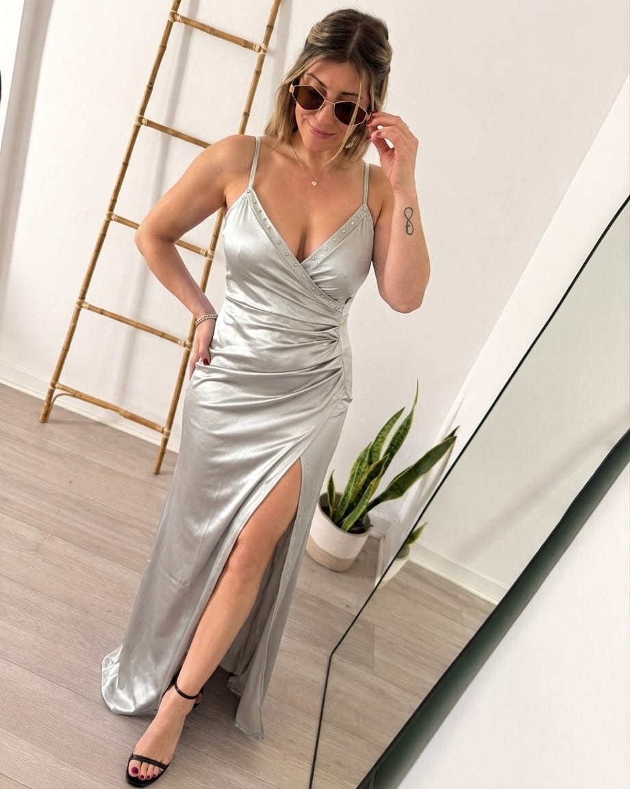 Vestido Largo Saten Tachas - Imagen 5
