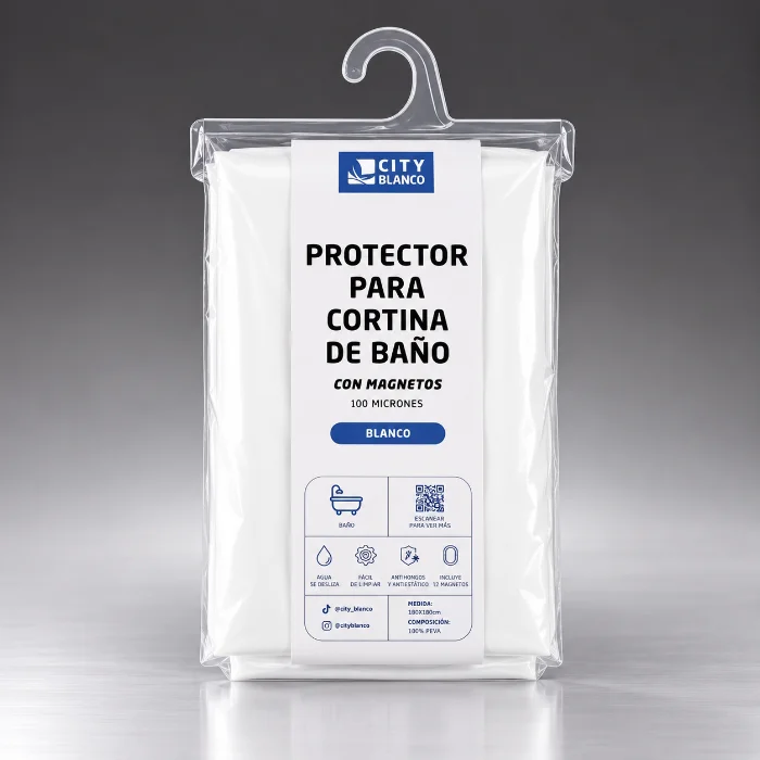 Protector Cortina de Baño 200x200 City Blanco  100 Micrones Antihongos con 12 Ganchos