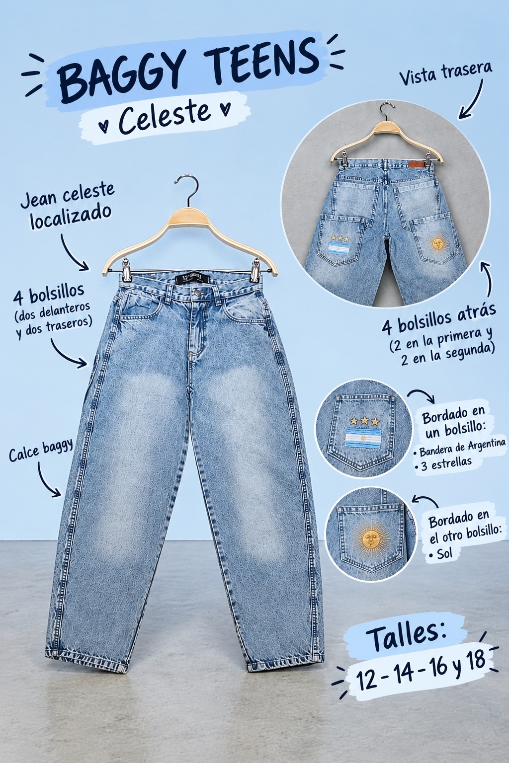 Baggy Celeste Bordado Teens - Imagen 2