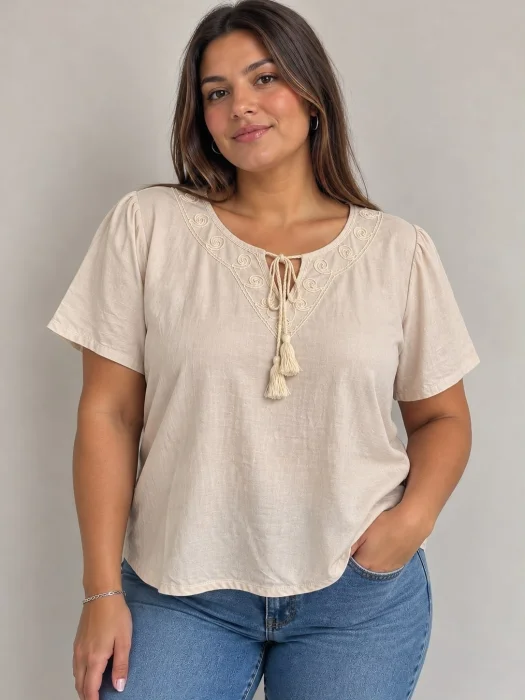 Blusa Lino Bordado y Lazo  en Cuello 67254