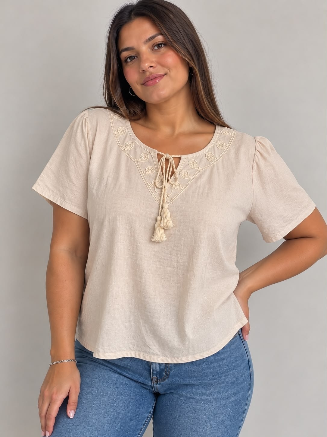 Blusa Lino Bordado y Lazo  en Cuello 67254 - Imagen 3